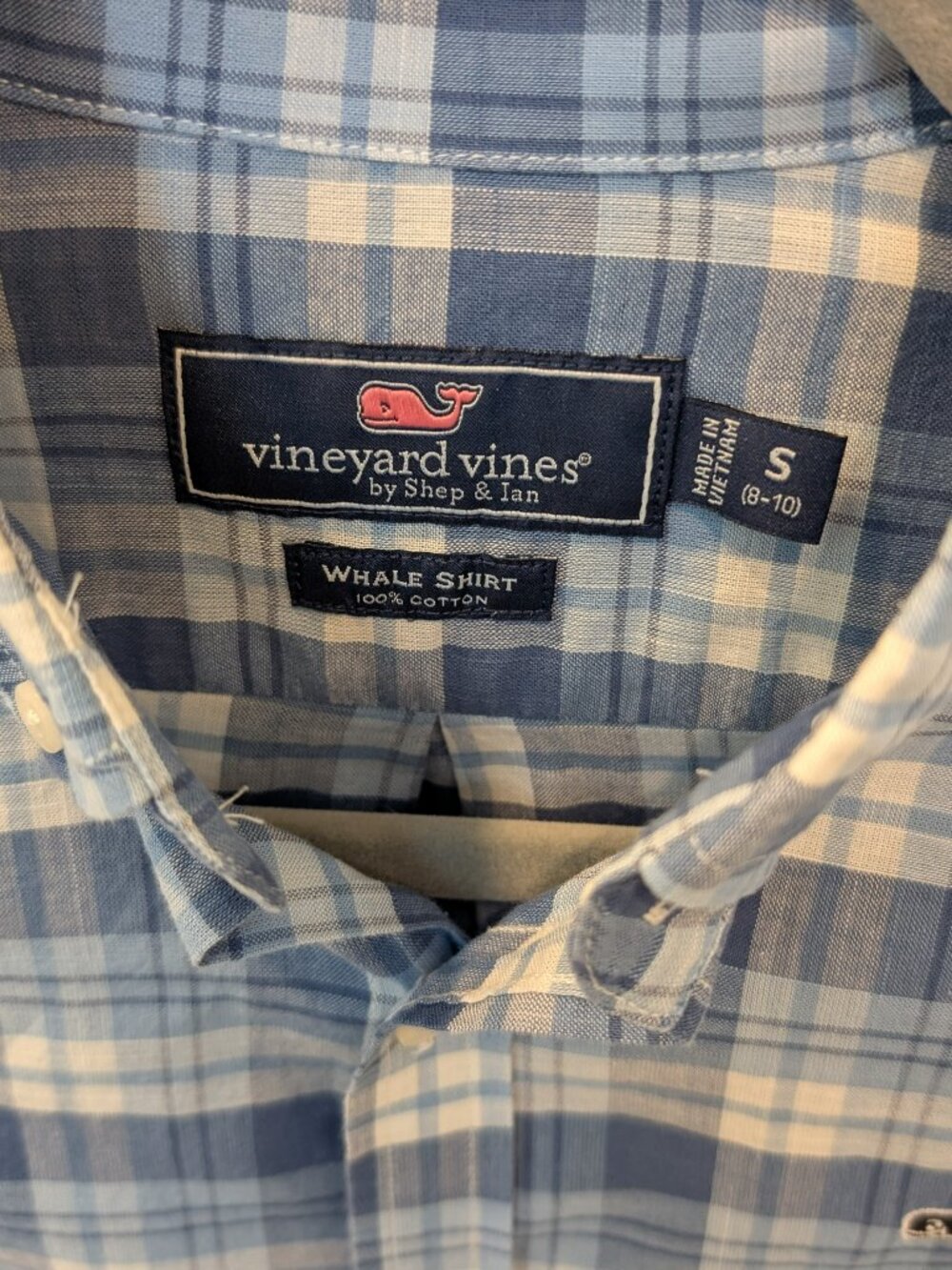 VINEYARD VINES BOYS Blue and White Plaid Cotton Shirt, Small (8-10) Whale Logo